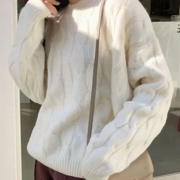 Cable-knit Pullover Sweater | Oversized Top Blouse School Office Fall/Winter - Picture 2 of 6